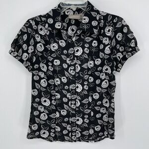 Croft & Barrow Women's Black Sheer Floral Button Up Short Sleeve Blouse Size PS